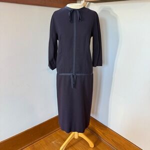 Vintage 1960s Navy Sheath‎ Dress Women's Size 12 Mod Bow Detail Retro Cocktail